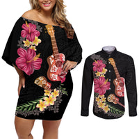 Ukulele mix Polynesian Flower Couples Matching Off Shoulder Short Dress and Long Sleeve Button Shirt Hawaiian Tribal Pattern LT03 Black - Polynesian Pride