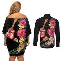 Ukulele mix Polynesian Flower Couples Matching Off Shoulder Short Dress and Long Sleeve Button Shirt Hawaiian Tribal Pattern LT03 - Polynesian Pride