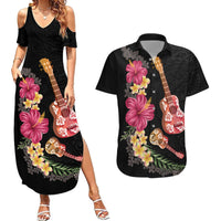 Ukulele mix Polynesian Flower Couples Matching Summer Maxi Dress and Hawaiian Shirt Hawaiian Tribal Pattern LT03 Black - Polynesian Pride