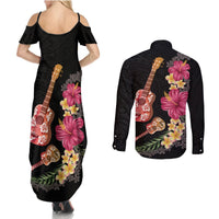 Ukulele mix Polynesian Flower Couples Matching Summer Maxi Dress and Long Sleeve Button Shirt Hawaiian Tribal Pattern LT03 - Polynesian Pride