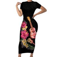 Ukulele mix Polynesian Flower Family Matching Short Sleeve Bodycon Dress and Hawaiian Shirt Hawaiian Tribal Pattern