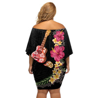 Ukulele mix Polynesian Flower Off Shoulder Short Dress Hawaiian Tribal Pattern LT03 - Polynesian Pride