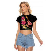 Ukulele mix Polynesian Flower Raglan Cropped T Shirt Hawaiian Tribal Pattern
