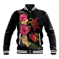 Hawaiian Flower and Tribal Turtle Baseball Jacket Colorful Style LT03 Unisex Black - Polynesian Pride