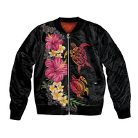 Hawaiian Flower and Tribal Turtle Bomber Jacket Colorful Style LT03 Unisex Black - Polynesian Pride