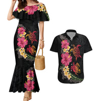 Hawaiian Flower and Tribal Turtle Couples Matching Mermaid Dress and Hawaiian Shirt Colorful Style LT03 Black - Polynesian Pride