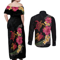 Hawaiian Flower and Tribal Turtle Couples Matching Off Shoulder Maxi Dress and Long Sleeve Button Shirt Colorful Style LT03 - Polynesian Pride