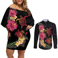 Hawaiian Flower and Tribal Turtle Couples Matching Off Shoulder Short Dress and Long Sleeve Button Shirt Colorful Style LT03 Black - Polynesian Pride
