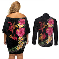 Hawaiian Flower and Tribal Turtle Couples Matching Off Shoulder Short Dress and Long Sleeve Button Shirt Colorful Style LT03 - Polynesian Pride