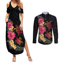 Hawaiian Flower and Tribal Turtle Couples Matching Summer Maxi Dress and Long Sleeve Button Shirt Colorful Style LT03 Black - Polynesian Pride