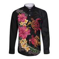 Hawaiian Flower and Tribal Turtle Long Sleeve Button Shirt Colorful Style