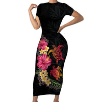 Hawaiian Flower and Tribal Turtle Short Sleeve Bodycon Dress Colorful Style
