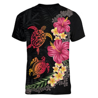 Hawaiian Flower and Tribal Turtle Women V-Neck T-Shirt Colorful Style