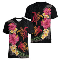 Hawaiian Flower and Tribal Turtle Women V-Neck T-Shirt Colorful Style