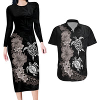Hawaiian Flower and Tribal Turtle Couples Matching Long Sleeve Bodycon Dress and Hawaiian Shirt Grayscale Mode LT03 Black - Polynesian Pride