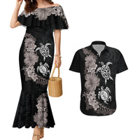 Hawaiian Flower and Tribal Turtle Couples Matching Mermaid Dress and Hawaiian Shirt Grayscale Mode LT03 Black - Polynesian Pride