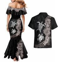 Hawaiian Flower and Tribal Turtle Couples Matching Mermaid Dress and Hawaiian Shirt Grayscale Mode LT03 - Polynesian Pride