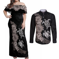 Hawaiian Flower and Tribal Turtle Couples Matching Off Shoulder Maxi Dress and Long Sleeve Button Shirt Grayscale Mode LT03 Black - Polynesian Pride