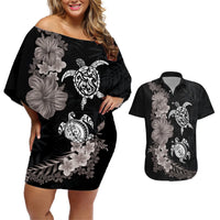 Hawaiian Flower and Tribal Turtle Couples Matching Off Shoulder Short Dress and Hawaiian Shirt Grayscale Mode LT03 Black - Polynesian Pride