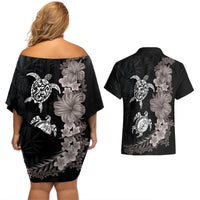 Hawaiian Flower and Tribal Turtle Couples Matching Off Shoulder Short Dress and Hawaiian Shirt Grayscale Mode LT03 - Polynesian Pride
