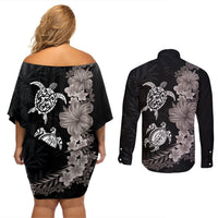 Hawaiian Flower and Tribal Turtle Couples Matching Off Shoulder Short Dress and Long Sleeve Button Shirt Grayscale Mode LT03 - Polynesian Pride