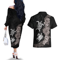 Hawaiian Flower and Tribal Turtle Couples Matching Off The Shoulder Long Sleeve Dress and Hawaiian Shirt Grayscale Mode LT03 - Polynesian Pride