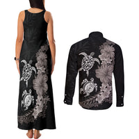 Hawaiian Flower and Tribal Turtle Couples Matching Tank Maxi Dress and Long Sleeve Button Shirt Grayscale Mode LT03 - Polynesian Pride
