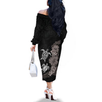 Hawaiian Flower and Tribal Turtle Family Matching Off The Shoulder Long Sleeve Dress and Hawaiian Shirt Grayscale Mode