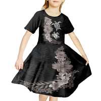 Hawaiian Flower and Tribal Turtle Kid Short Sleeve Dress Grayscale Mode LT03 - Polynesian Pride