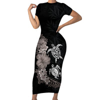Hawaiian Flower and Tribal Turtle Short Sleeve Bodycon Dress Grayscale Mode
