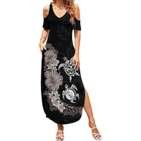 Hawaiian Flower and Tribal Turtle Summer Maxi Dress Grayscale Mode LT03 Women Black - Polynesian Pride