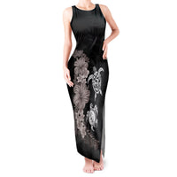 Hawaiian Flower and Tribal Turtle Tank Maxi Dress Grayscale Mode LT03 Women Black - Polynesian Pride
