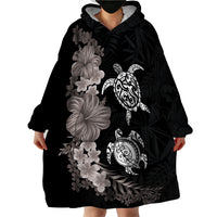 Hawaiian Flower and Tribal Turtle Wearable Blanket Hoodie Grayscale Mode LT03 - Polynesian Pride