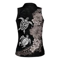 Hawaiian Flower and Tribal Turtle Women Sleeveless Polo Shirt Grayscale Mode