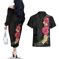 Hawaiian Plumeria and Hibiscus Couples Matching Off The Shoulder Long Sleeve Dress and Hawaiian Shirt Colorful Style