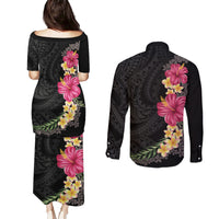 Hawaiian Plumeria and Hibiscus Couples Matching Puletasi and Long Sleeve Button Shirt Colorful Style