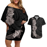 Hawaiian Plumeria and Hibiscus Couples Matching Off Shoulder Short Dress and Hawaiian Shirt Grayscale Mode LT03 Black - Polynesian Pride