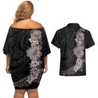 Hawaiian Plumeria and Hibiscus Couples Matching Off Shoulder Short Dress and Hawaiian Shirt Grayscale Mode LT03 - Polynesian Pride