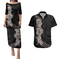 Hawaiian Plumeria and Hibiscus Couples Matching Puletasi and Hawaiian Shirt Grayscale Mode LT03 Black - Polynesian Pride