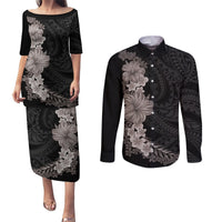 Hawaiian Plumeria and Hibiscus Couples Matching Puletasi and Long Sleeve Button Shirt Grayscale Mode LT03 Black - Polynesian Pride