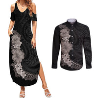 Hawaiian Plumeria and Hibiscus Couples Matching Summer Maxi Dress and Long Sleeve Button Shirt Grayscale Mode LT03 Black - Polynesian Pride