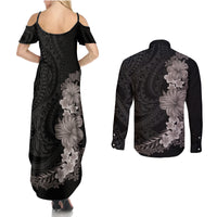 Hawaiian Plumeria and Hibiscus Couples Matching Summer Maxi Dress and Long Sleeve Button Shirt Grayscale Mode LT03 - Polynesian Pride