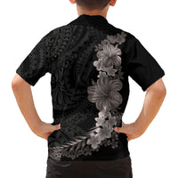 Hawaiian Plumeria and Hibiscus Family Matching Long Sleeve Bodycon Dress and Hawaiian Shirt Grayscale Mode