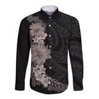 Hawaiian Plumeria and Hibiscus Long Sleeve Button Shirt Grayscale Mode