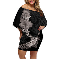 Hawaiian Plumeria and Hibiscus Off Shoulder Short Dress Grayscale Mode LT03 Women Black - Polynesian Pride