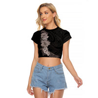 Hawaiian Plumeria and Hibiscus Raglan Cropped T Shirt Grayscale Mode