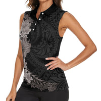 Hawaiian Plumeria and Hibiscus Women Sleeveless Polo Shirt Grayscale Mode