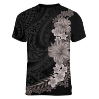 Hawaiian Plumeria and Hibiscus Women V-Neck T-Shirt Grayscale Mode