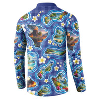 Hawaiian Island Shapes-Iconic Landscape Button Sweatshirt with Plumeria and Palaka Blue Color LT03 - Polynesian Pride