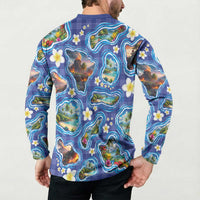 Hawaiian Island Shapes-Iconic Landscape Button Sweatshirt with Plumeria and Palaka Blue Color LT03 - Polynesian Pride